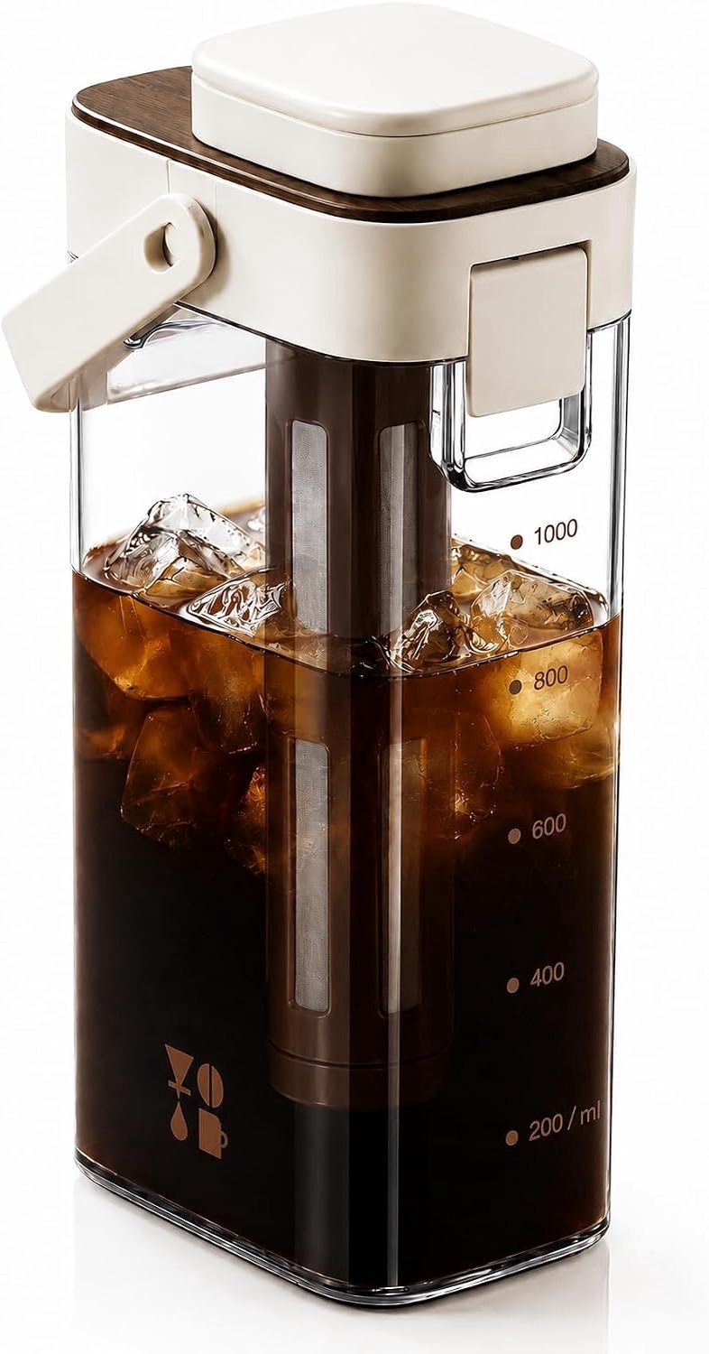 Koudwaterkoffiekan - 1L Cold Brew Koffie- en Theemaker met Verwijderbare Mesh Filter - Lekbestendig Deksel - Slanke Kan voor Koelkastdeur - Geschikt voor Thuis Kantoor en Reizen - 1 Stuk