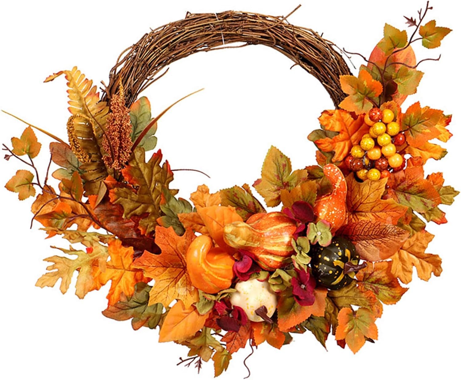 Krans - 45 cm Kunstmatige Herfstkrans met Pompoenen en Esdoornbladeren - Decoratief voor Thanksgiving en Halloween - Geschikt voor Voordeur en Thuisdecoratie - Oranje en Bruin - 1 Stuk