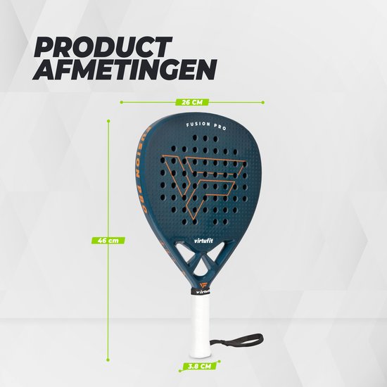 Blauw VirtuFit Fusion Pro padelracket met productafmetingen van 46 cm bij 26 cm en 3,8 cm dikte.