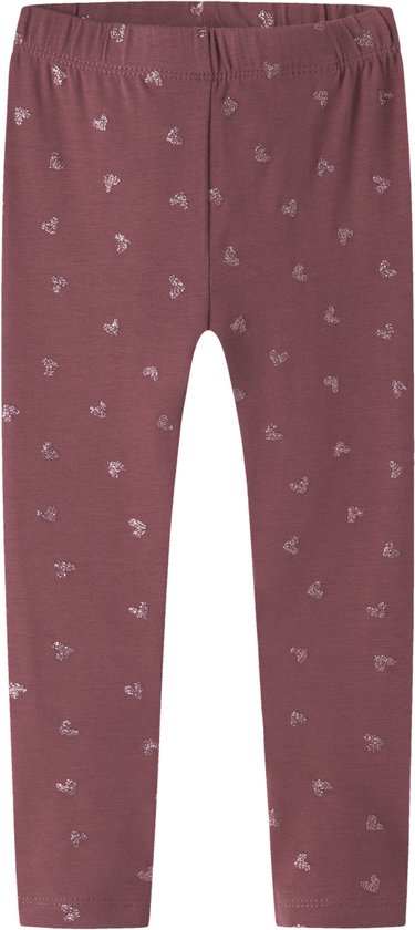 Donkerroze legging met glinsterende hartjesprint en elastische tailleband op een zwarte achtergrond.