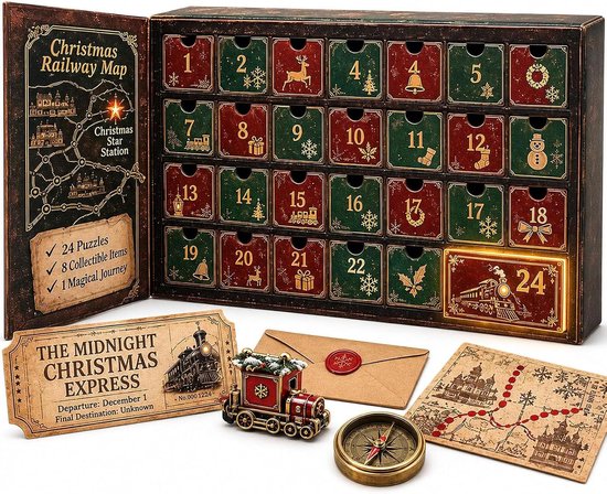 Gedetailleerde weergave van de adventskalender, treinkaart, kompas, envelop en miniatuurtrein.