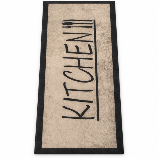 Beige keukenloper met zwarte rand en 'KITCHEN' opdruk op een witte achtergrond.
