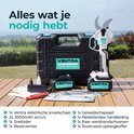 Complete set Ventra elektrische snoeischaar met koffer, twee 3.0Ah accu's, oplader, gereedschap en handschoenen.