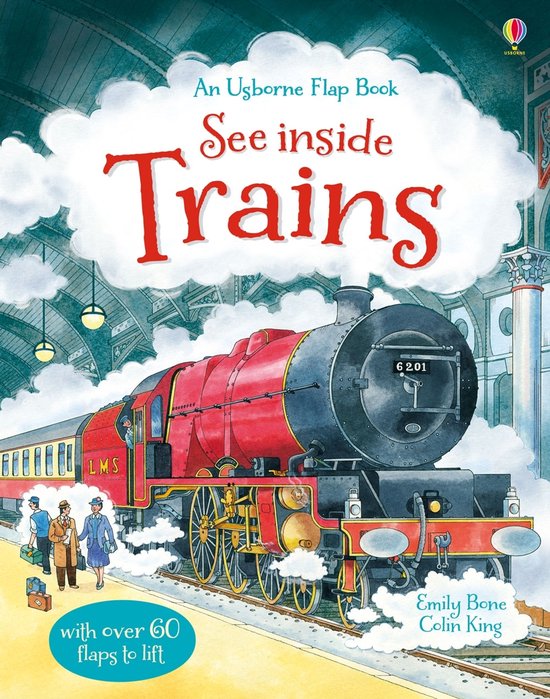 Livre à rabats 'See inside Trains' illustré avec une locomotive à vapeur rouge en gare et plus de 60 volets à soulever.