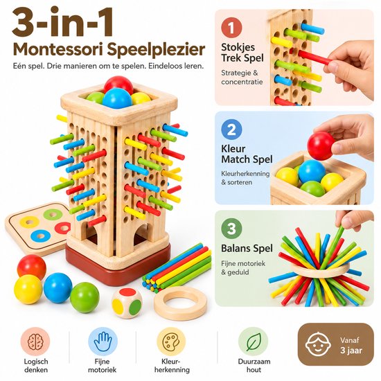 Zappiq Montessori Houten Speelgoed 3-in-1 Stokspel – Educatief Spel voor Kleurherkenning – Cadeau 3 Jaar - Kinderspellen — afbeelding 2