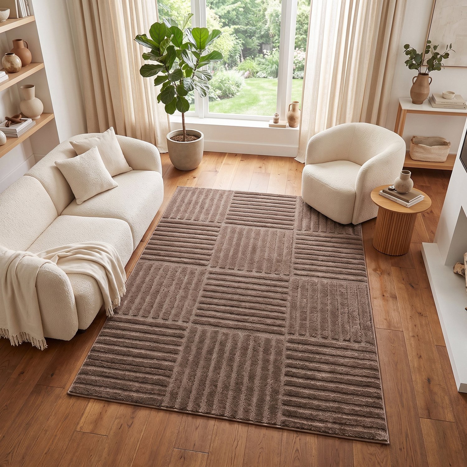 Tapiso Relievo Vloerkleed Gestreept - 3D Hoog-Laag Structuur - Modern Tapijt voor Woonkamer en Slaapkamer - Taupe 200x300 Taupe Gestreept