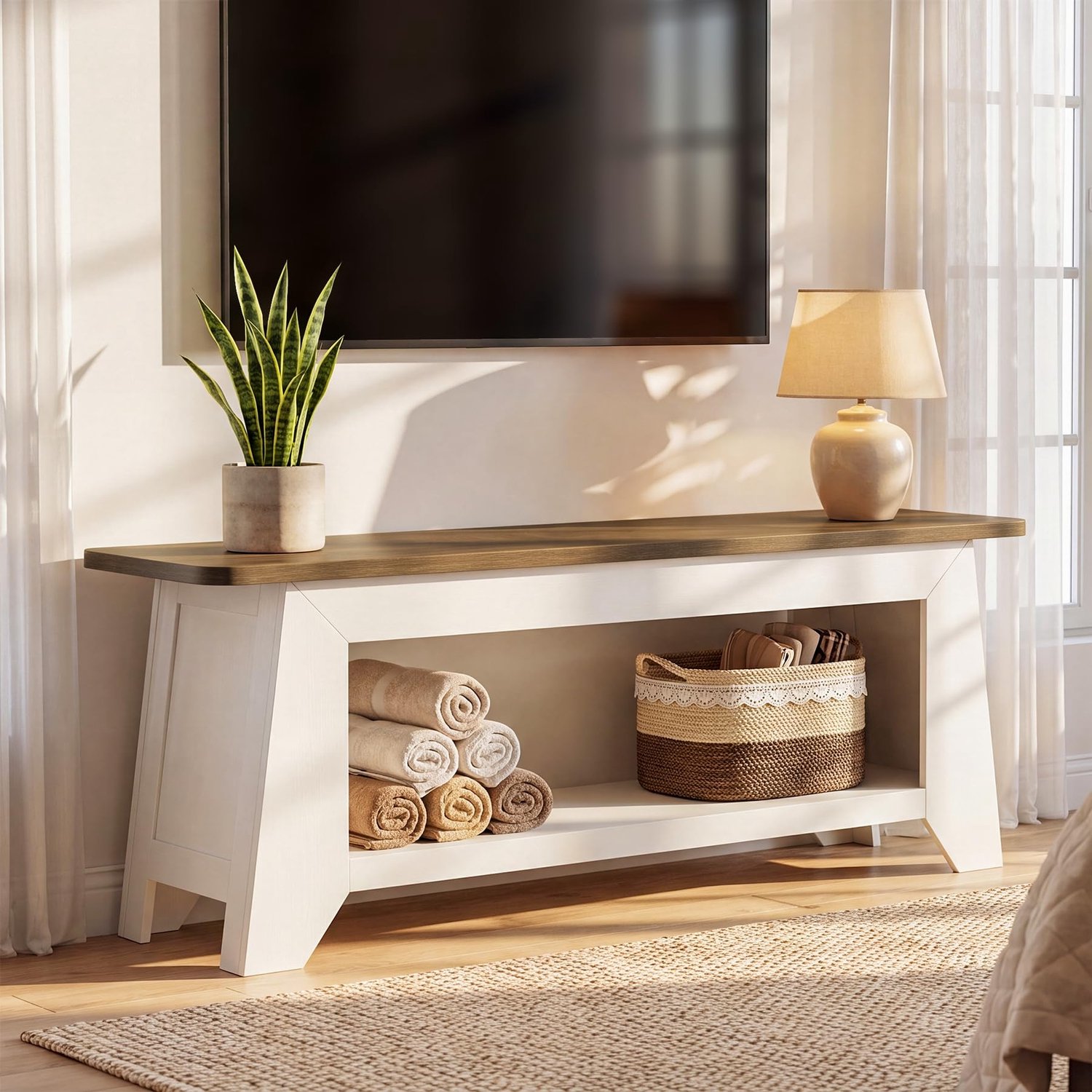 LITTLE TREE TV-meubel - 160 x 35 x 65 cm - Landhuis stijl - Geschikt voor 55 65 70 inch tv - Entertainment center - Witbruin