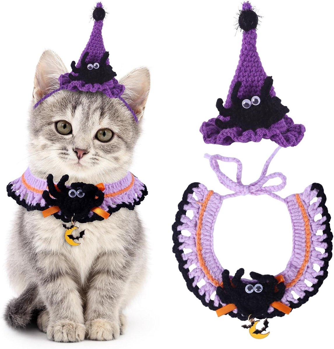 Halloween Kostuum Set voor Katten en Kleine Honden met Verstelbare Gebreide Hoed, Sjaal en Pompoen & Heks Print - Schattige Kraag en Outfit voor Huisdieren