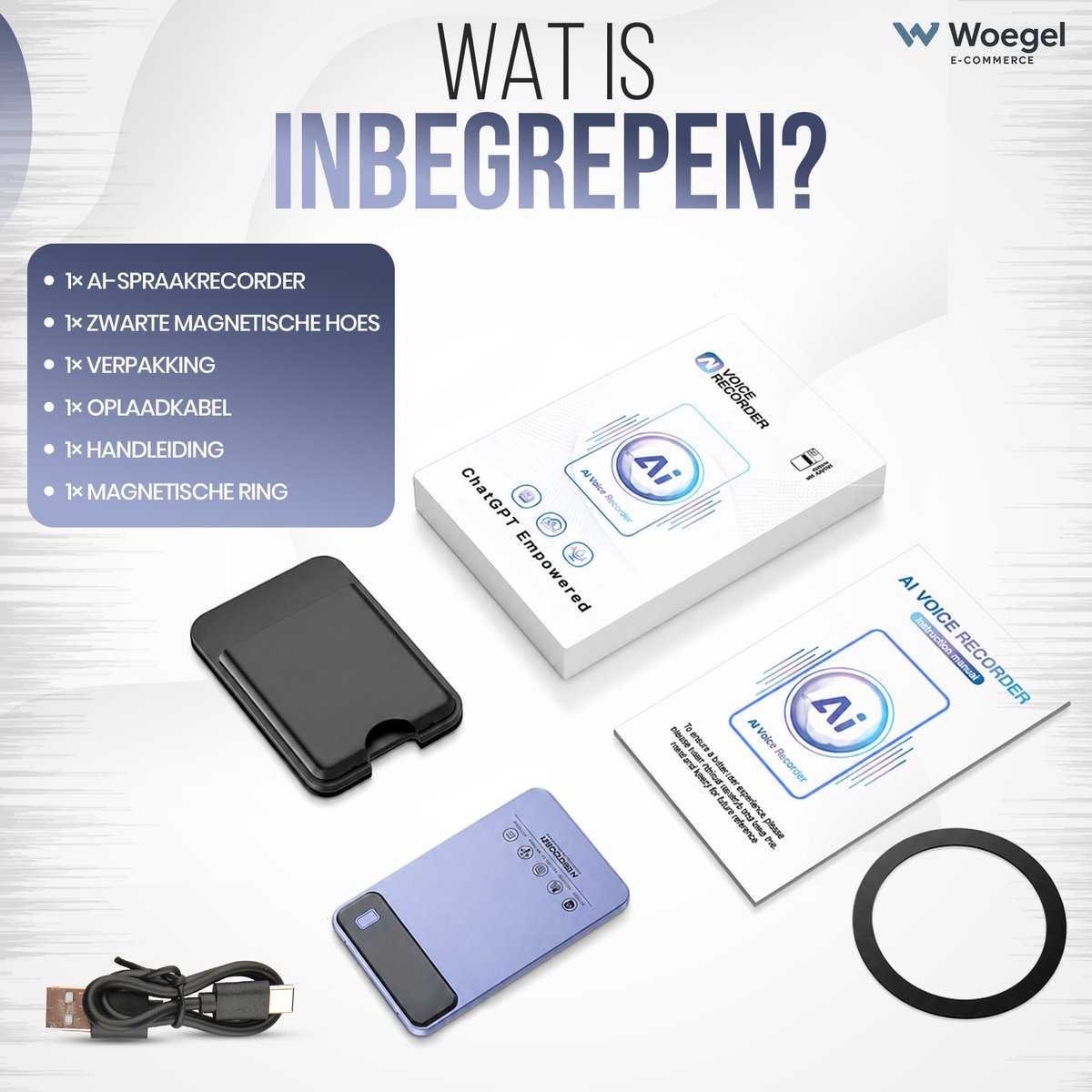 Woegel AI Voice Recorder Digitale Dictafoon 64GB met AI Transcriptie - afbeelding 3