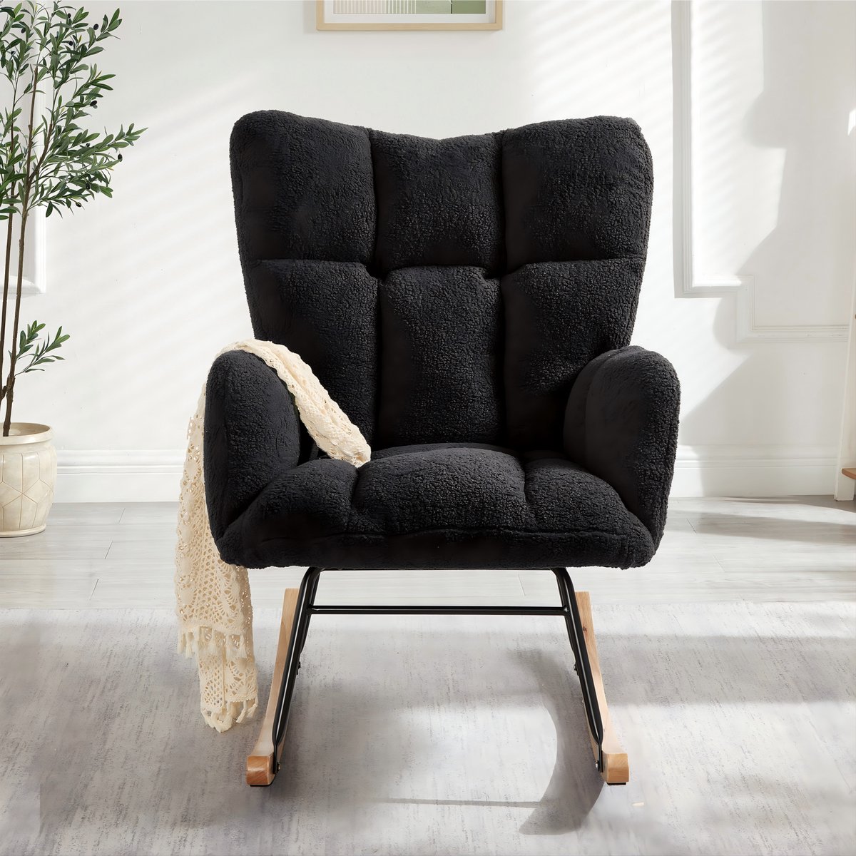 MODFU-Schommelstoel-Scandinavisch-Donkergrijs-Stof-Hout-Metaal