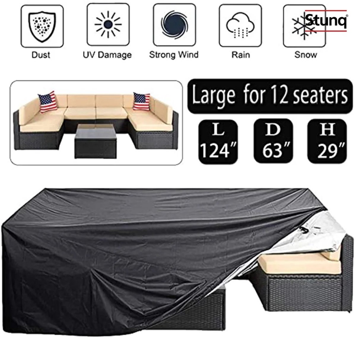 Stunq Waterdichte Tuinmeubelhoes Zwart Large voor 12-zits loungeset