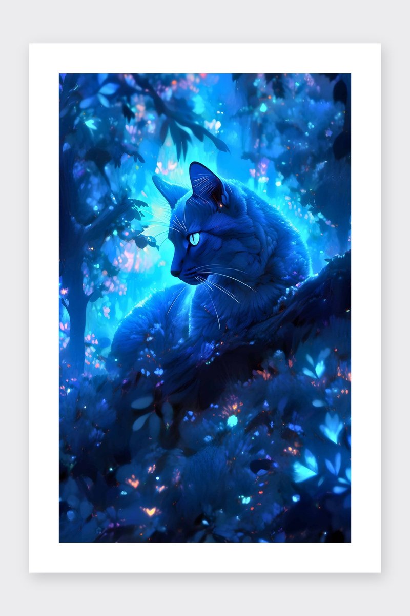 Kat Poster - Bos - Dieren - Natuur - Magische - Sprookjes - posters - formaat 30x40cm - Wanddecoratie - BXS4219MT - Met kader - passe-partouts stijl