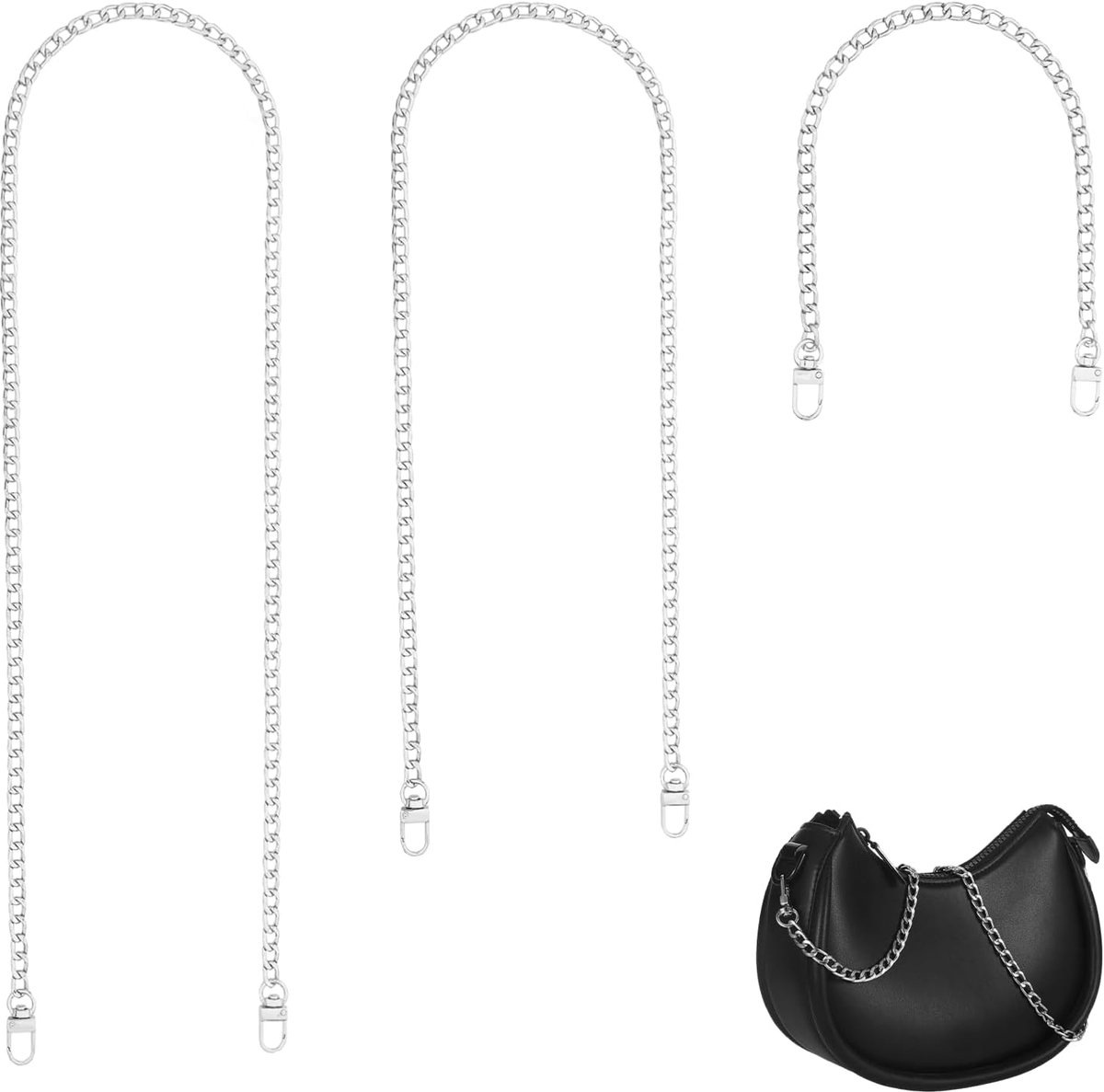 3 stuks taskettingen, zilver, 40 cm/80 cm/120 cm, zilveren ketting, metalen schouderriem voor tassen, portemonneeketting, tassenriem, ketting voor tas, schoudertas (zilver)