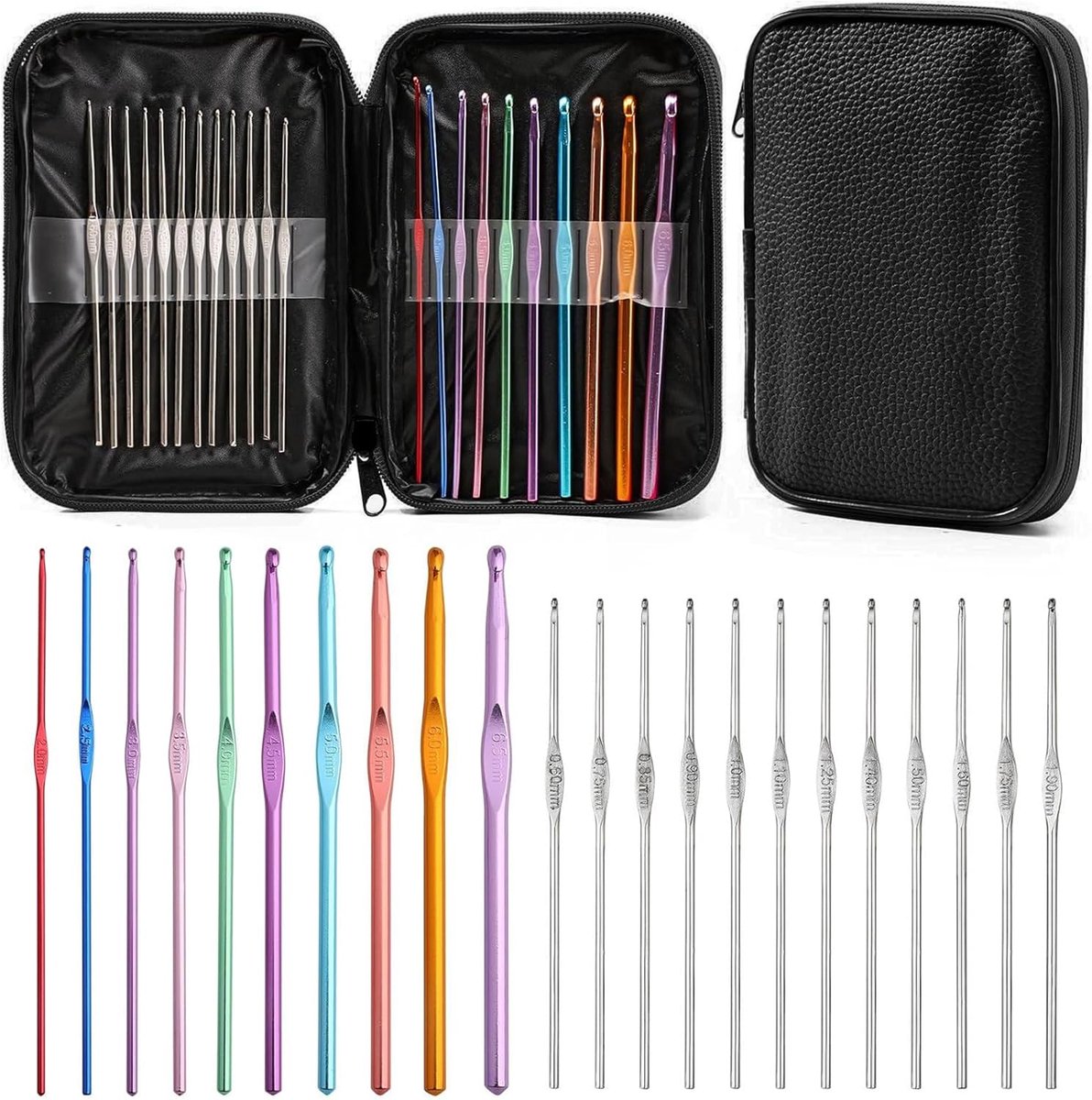 Haaknaalden, gekleurde aluminium haaknaalden met zwarte organizer, breinaaldset bevat 22 maten 0,6 mm - 6,5 mm, haaknaalden voor beginners of professionals haaknaaldenset (gekleurd 1)