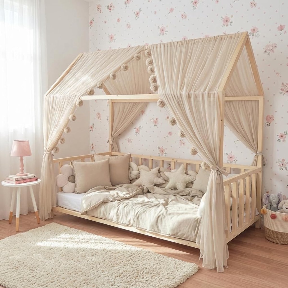 Fancyroom Bedhemel beige bedhemel decoratieset kinderkamer voor kinderbed baldakijn pomponslinger van premium tule voor huisbedden huisbed hemel (320cm, met 5 gouden vlinders)