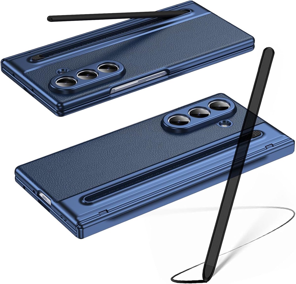 Hoesje voor Galaxy Z Fold7 met styluspen, Z Fold 7 hoesje met schermbeschermer aan de voorkant + S Pen-sleuf, lederen hoesje voor Samsung Galaxy Z Fold7 met scharnierbescherming, blauw