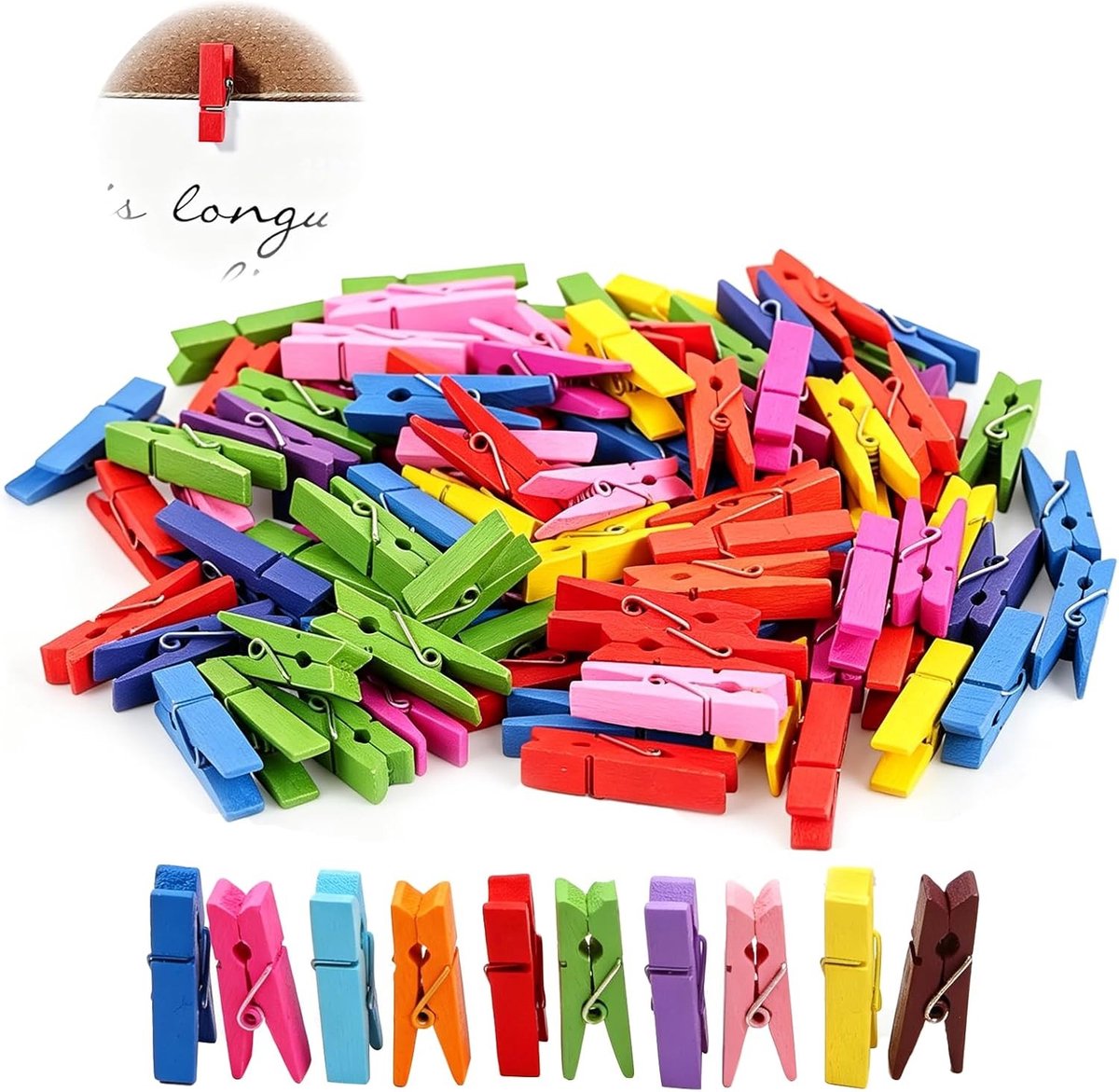 Kleurige mini-wasknijpers van hout, 3,5 cm, perfect voor huisdecoratie, knutselen en organiseren, 100 stuks voor foto's en kaarten