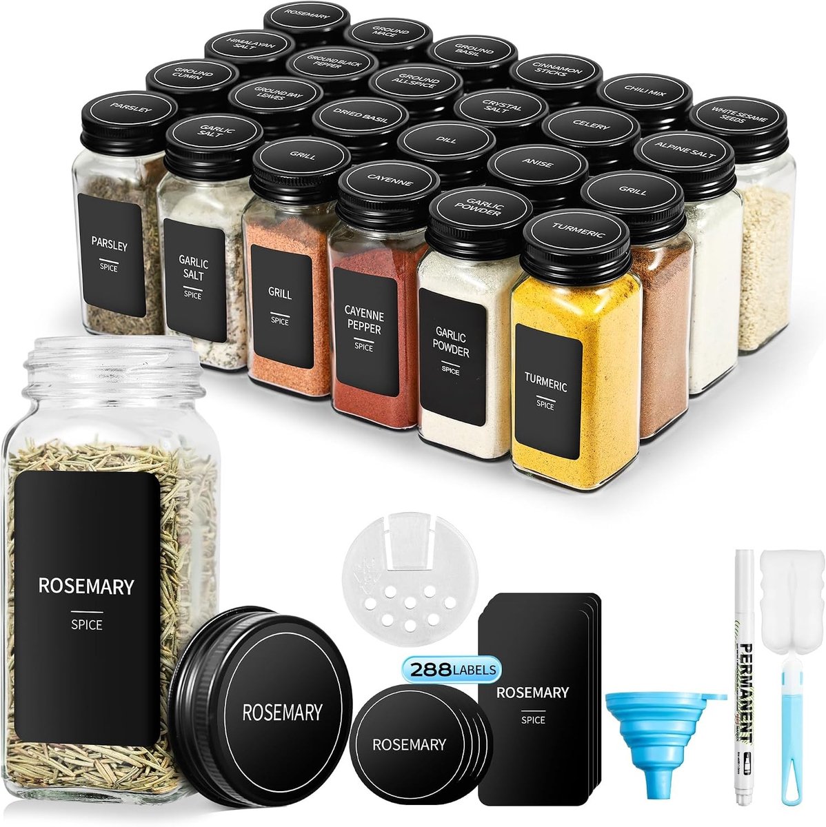 Set van 24 vierkante kruidenpotjes met schroefdoppen, 120 ml, inclusief etiketten en kruidenorganizer voor keukenopslag