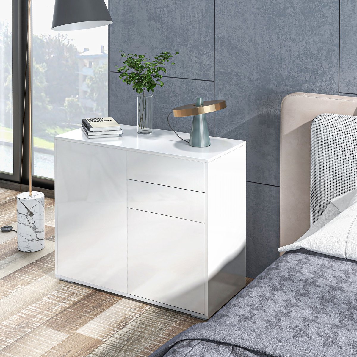 AURA LUMEN-Buffetkast-Commode Buffet 2 Lades + 2 Deuren met Verstelbare Plank-79x36x74 cm-Lichtglanzwit