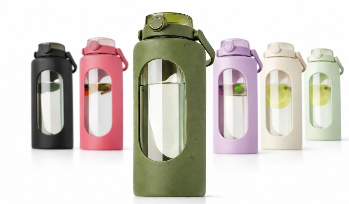 Glazen Waterfles 1.8L met Telefoonhouder - Ideaal voor Fitness