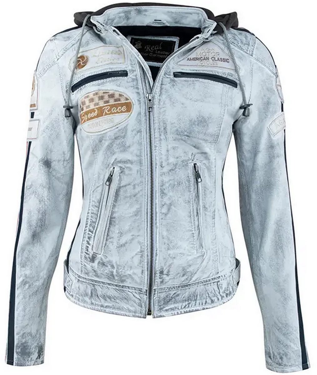 Urban Leather 58 LADIES, Dames Motorjack van Leer met Gekeurde Beschermers voor Rug, Schouders en Ellebogen. Grijs - ShopVlot