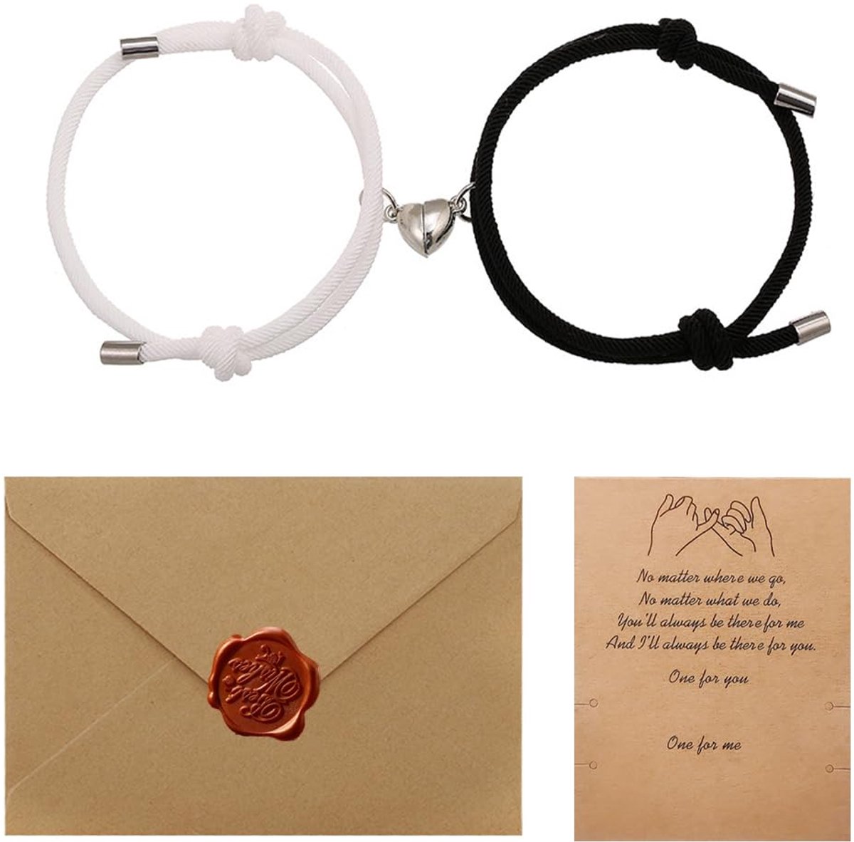 Koppelarmbanden zwart wit - magnetisch hart - gevlochten touw - vriendschapssieraden - ShopVlot