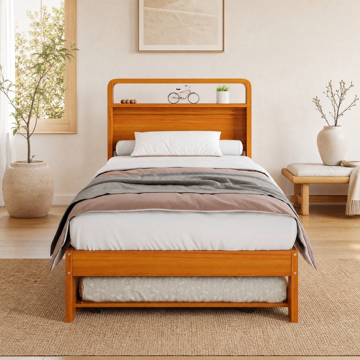 REDOM - Holzbett met uitrolbaar gastbed - 90 x 200 cm hoofdligvlak - Links of rechts monteerbaar - Afgerond hoofdeinde - Hout - Natuurlijk - 205 x 95 x 92 cm