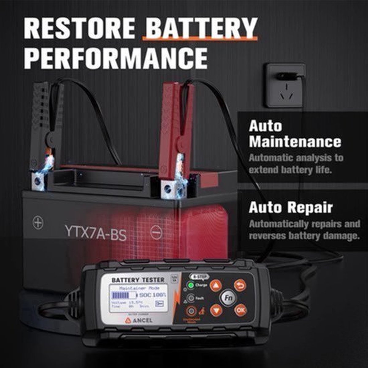 Acculader 12V – Batterijlader – Accu Tester – Accu Onderhoud – 8-Stappen Laadproces – IP65 Waterdicht – Automatische Herstelfunctie