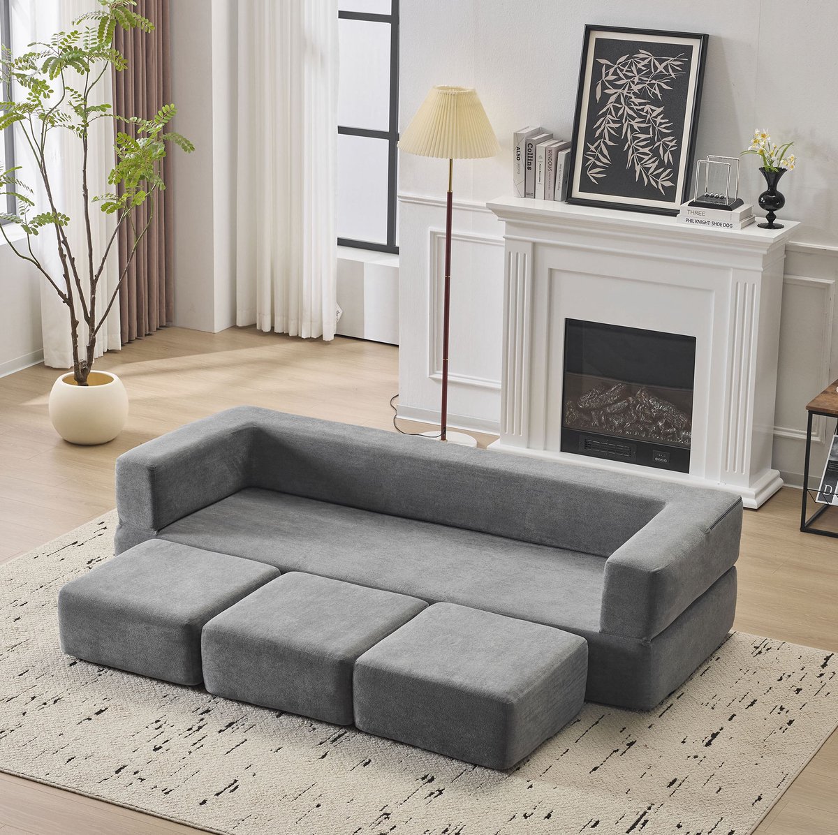 MIVRAY Slaapbank 201 x 151 x 50 cm - Modulair Opvouwbaar Bodemsofa Met Slaapfunctie - Voor Studio's En Thuiswerkplek - Chenille - Grijs