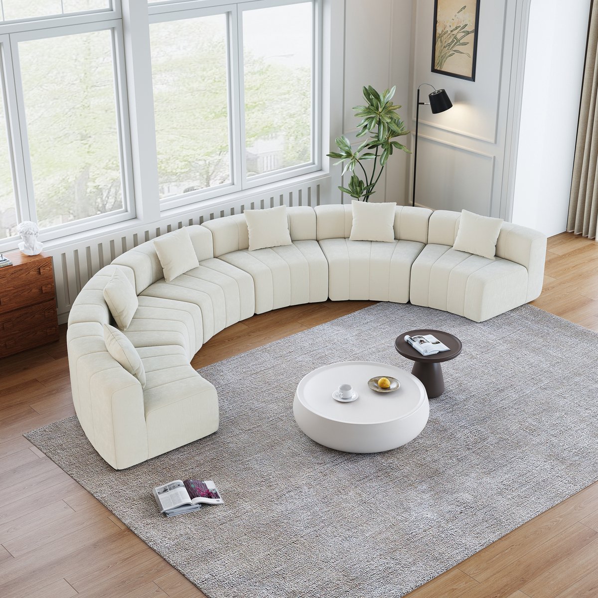MIVRAY Bankonderdeel 444,5 x 222 x 73,6 cm - Gebogen Modulair Chenille Sofamodule Met 2 Kussens - Voor Woonkamer En Kantoor - Stof Beige
