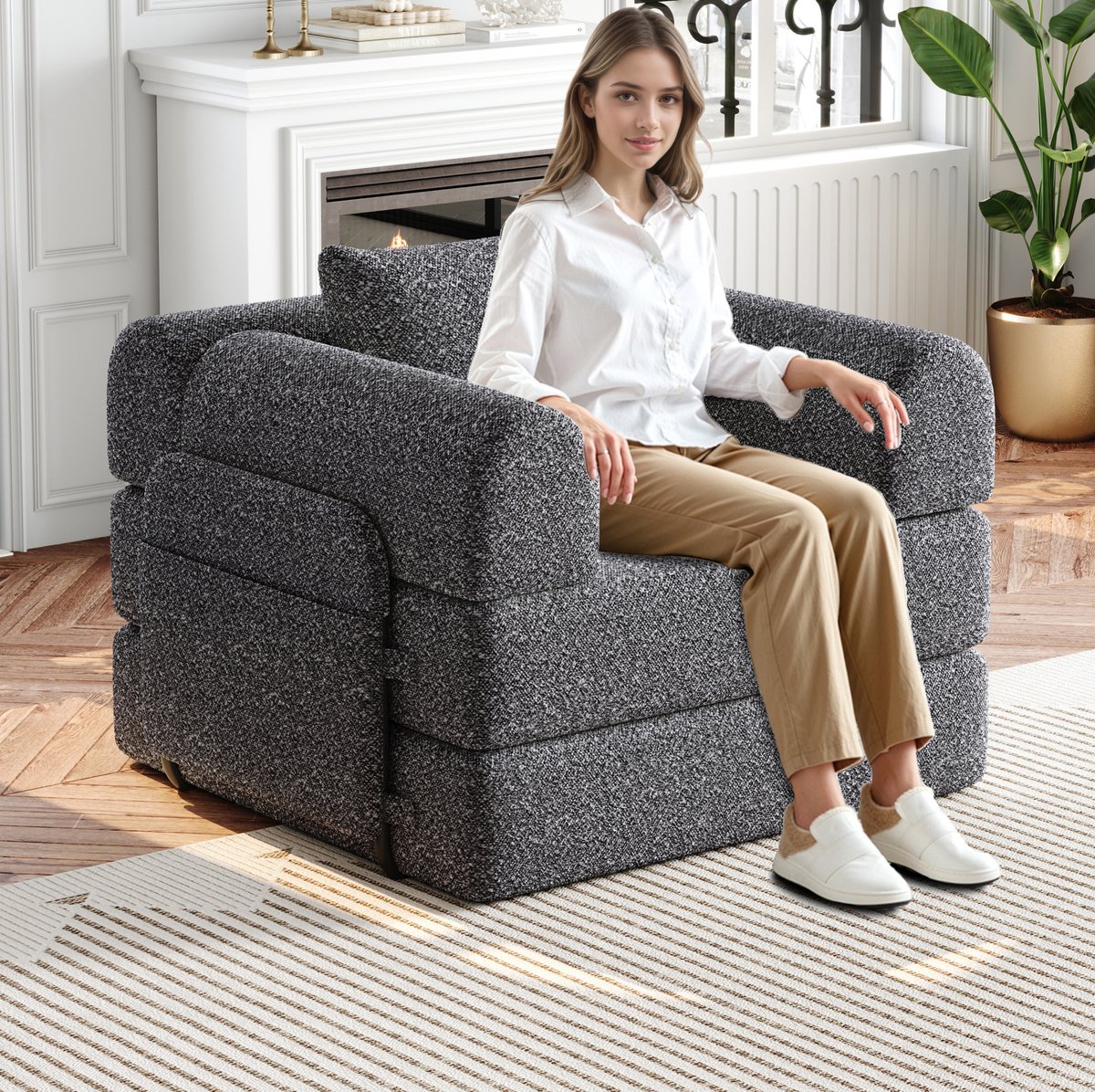 MIVRAY Slaapbank 1-Zits 2-In-1 Met Opbergruimte In Armleuning En Metalen Frame Voor Woonkamer En Logeerkamer Chenille Grijs