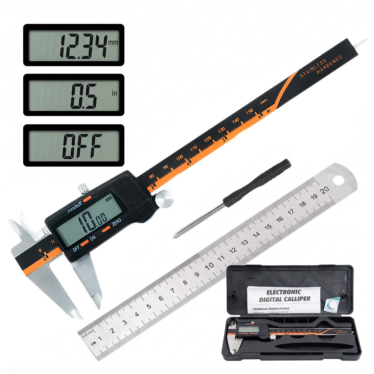 Fokelyi Digitale Schuifmaat 150 mm- Met Stalen Liniaal & Schroevendraaier -Digitale Caliper-Groot LCD Display - RVS Nauwkeurig Meetinstrument-Inclusief Opbergcase & Batterij