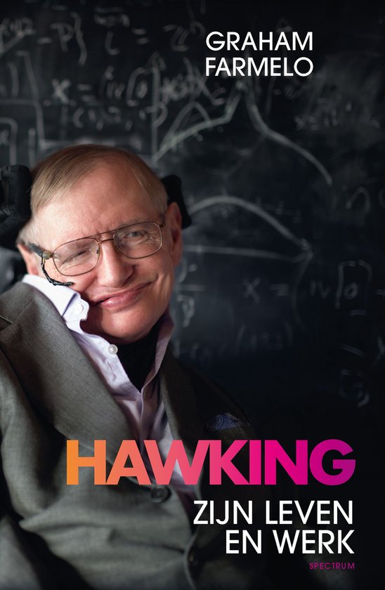 Boek "Hawking" met een foto van Stephen Hawking, met wiskundige formules op de achtergrond.