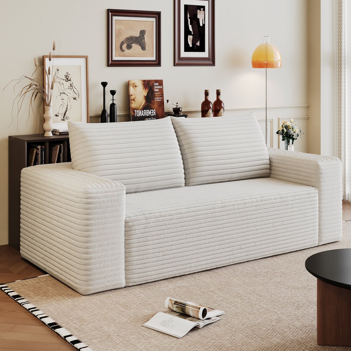 REDOM - Bank - 3-zits zitbank - Modulair ontwerp - Zonder montage - Voor woonkamer, slaapkamer en appartement - Corduroy stof - Crèmewit - 180 x 90 x 83 cm