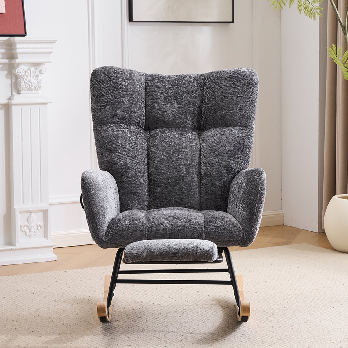 REDOM - Schommelstoel - Hoge rugleuning en armleuningen - Voetensteun en opbergvak - Chenille bekleding - Woonkamer slaapkamer kantoor - Hout en metaal - Donkergrijs - 89 x 63 cm