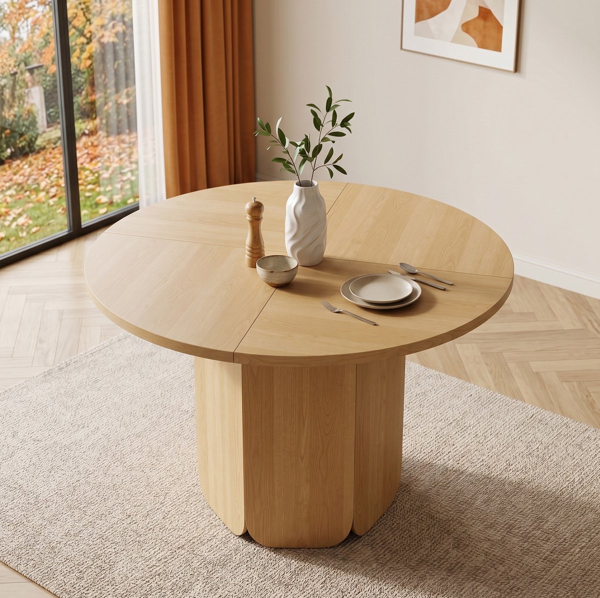 REDOM - Eettafel - Rond tafelblad - Stabiele middenvoet - Scandinavische stijl - Eetkamer, woonkamer en werkkamer - MDF - Eikenkleur - 120 x 120 cm