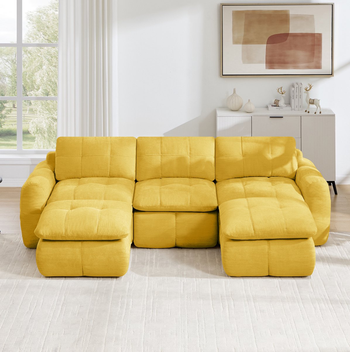 REDOM - U-bank - Modulaire 3-zits - Zonder montage - Chenille bekleding - Met 2 ottomanen - Woonkamer en appartement - Geel - 264 x 160 x 68 cm