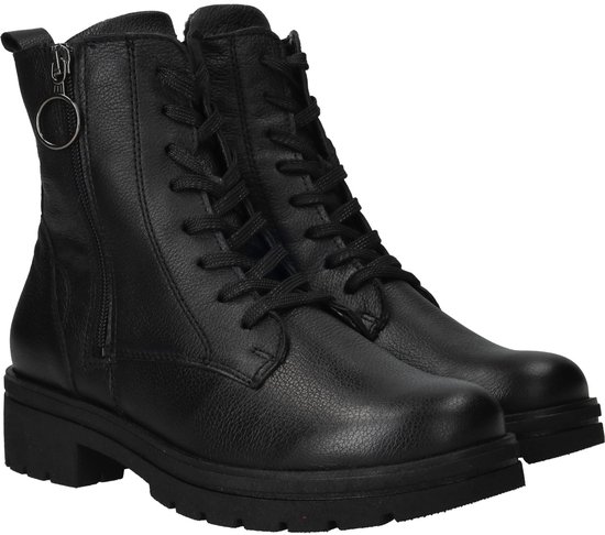 Zwarte leren veterboots met rits en ringdetail aan de zijkant.
