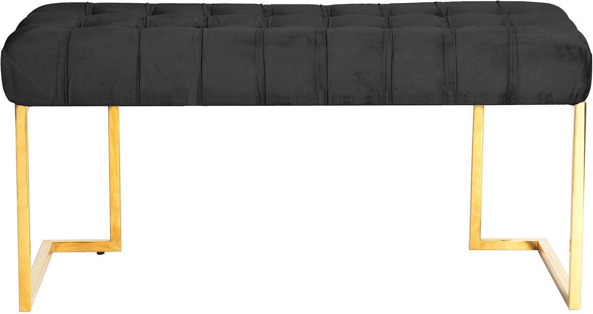 Padiro zitbank 100 x 47 x 48 cm - zwart - fluweel - sierknopen en goudkleurig metalen frame