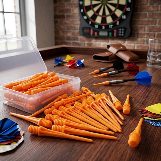 Oranje dart tips soft tip set 120 stuks darts accessoires kunststof dart punten vervangbare soft tips voor elektronische dartborden inclusief opbergdoosjes — afbeelding 2