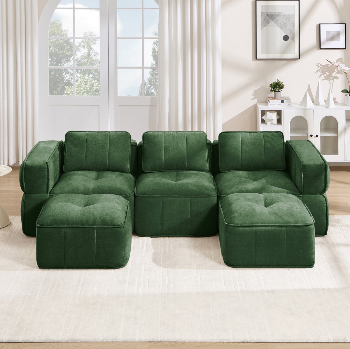 REDOM - U-bank - Modulaire opstelling met 2 hockers - Diepe zit en brede armleuningen - Zonder montage - Moderne stijl - Woonkamer - Polyester - Groen - 271 x 162 x 67 cm