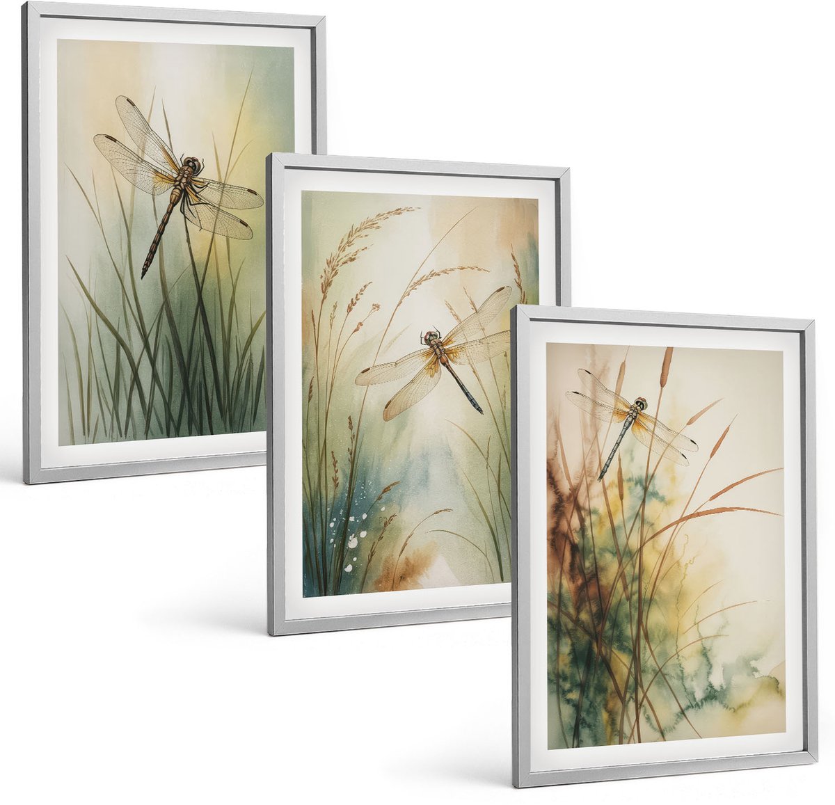 Coloray 3-Delige Schilderij Set - Geschilderd Gras Met Libellen Boven Het Water. - 40 x 60 cm - Wanddecoratie - Schilderijen Set - Interieur - Stijlvolle Muurdecoratie