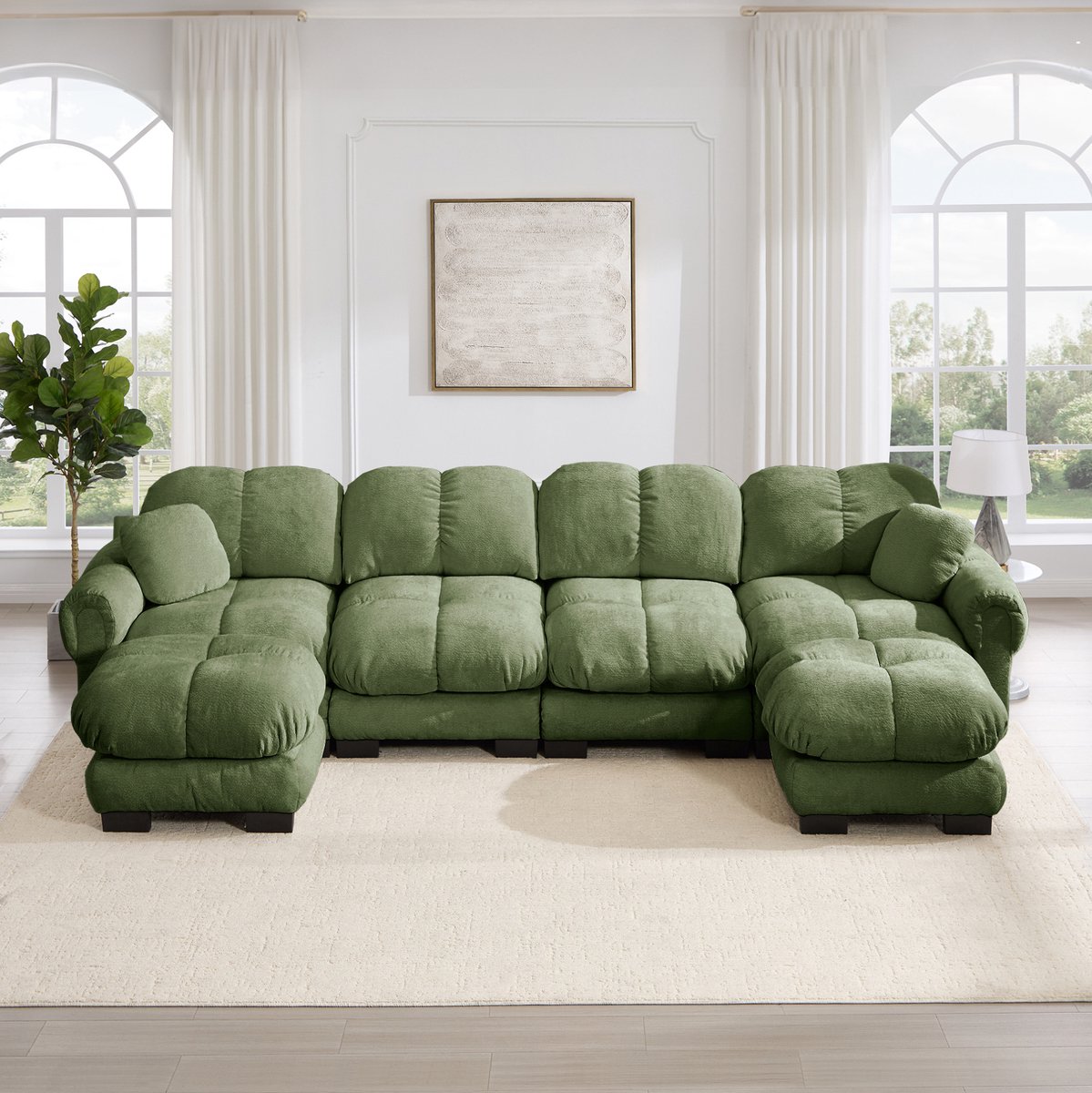 REDOM - U-bank - Modulaire 4-zits - Met 2 mobiele ottomanen - Gestikt patroon - Woonkamer - Stof - Groen - 330 x 149 x 90 cm