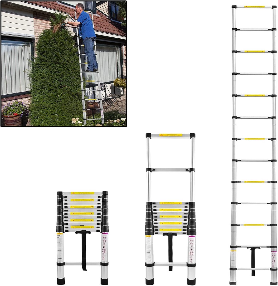 Telescopische ladder, multifunctioneel, 3,8 meter, uitschuifbaar, 13 treden, van hoogwaardig aluminium, belastbaar tot maximaal 150 kg