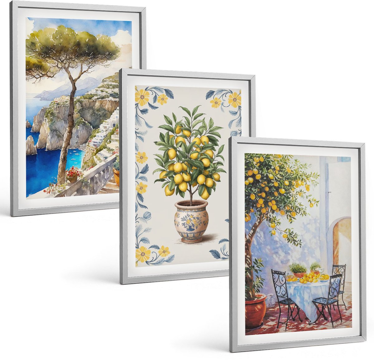 Coloray 3-Delige Schilderij Set - Zeegezicht Met Citroenbomen - Italiaanse Schilderijen - 40 x 60 cm - Stijlvolle Muurdecoratie - Slaapkamer - Wanddecoratie