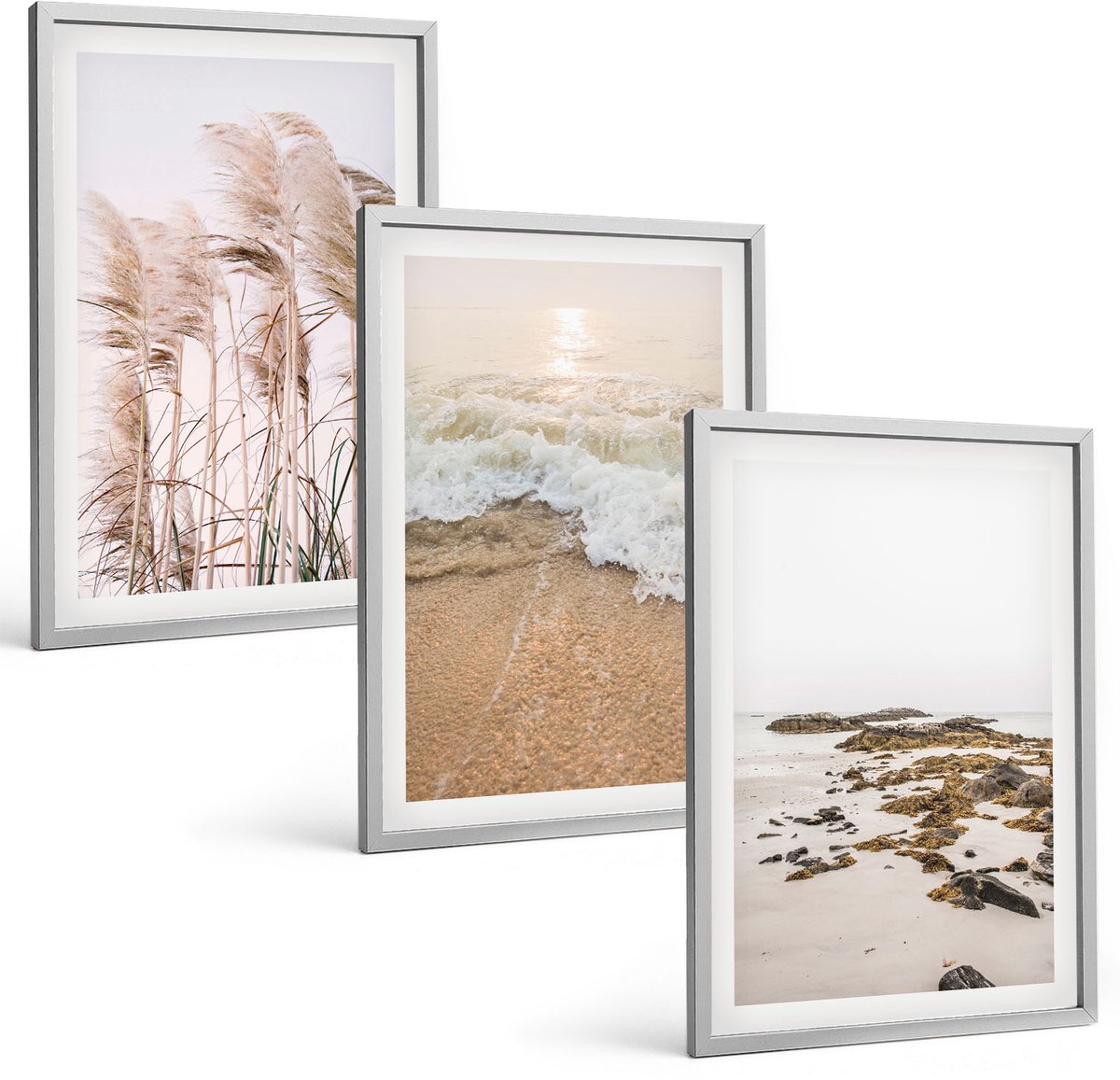 Coloray 3-Delige Schilderij Set - Strandgras, Golven En Zeestenen, Boho - 40 x 60 cm - Muurdecoratie - Interieur Decoratie - Woonkamer Decoratie