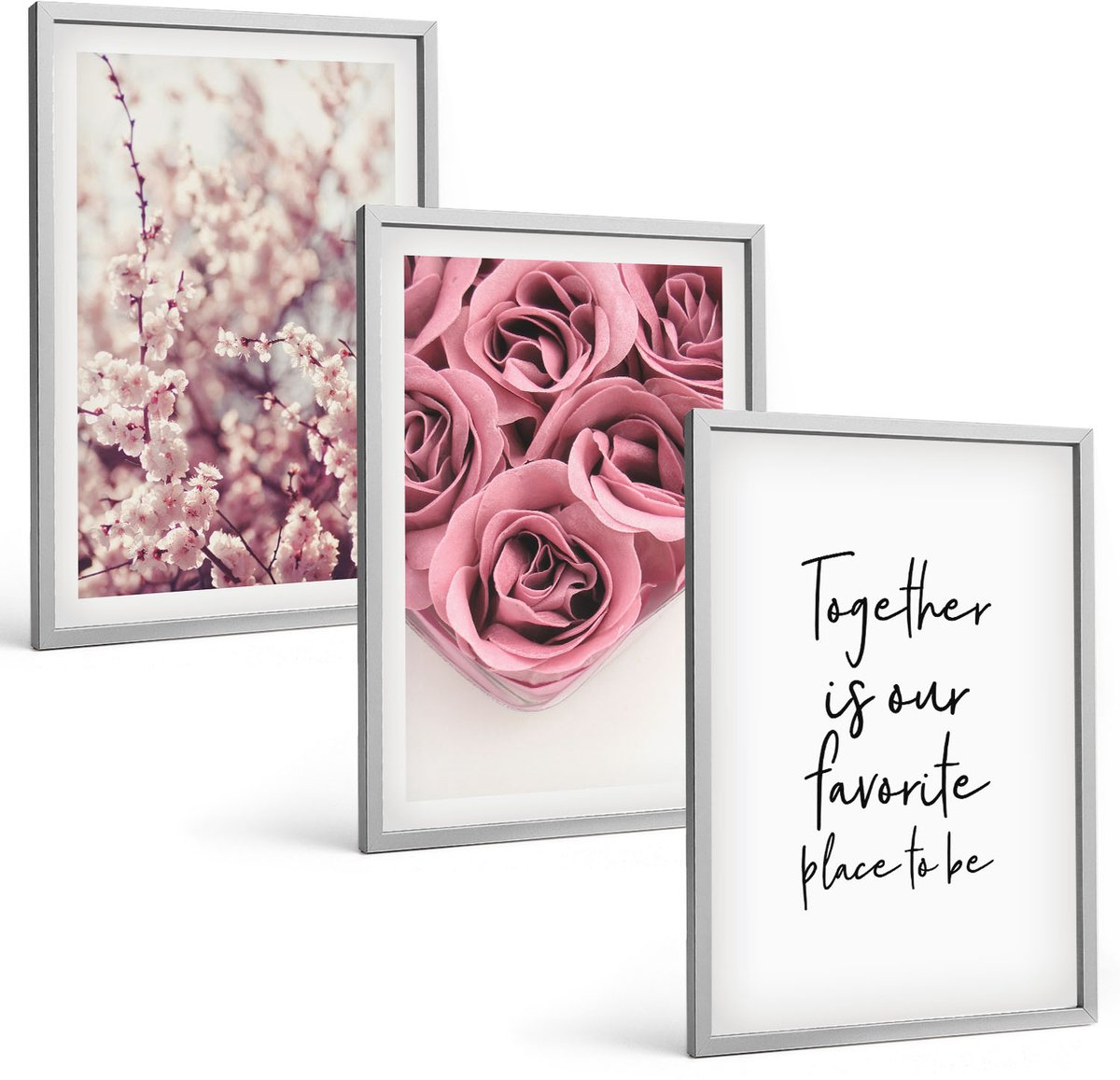 Coloray 3-Delige Schilderij Set - Bloemen En Boeketten Rozen Met Een Zelfgeschreven Tekst. - 40 x 60 cm - Wanddecoratie - Muurdecoratie - Moderne Interieurdecoratie - Woonkamer Decoratie