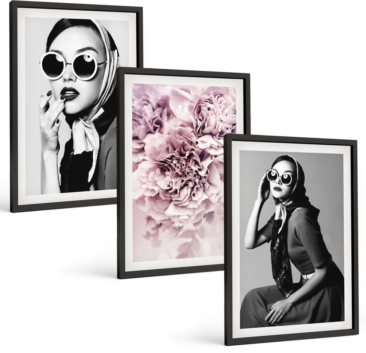 Coloray 3-Delige Schilderij Set - Stijlvolle Portretten Van Vrouwen Met Roze Bloemen - 40 x 60 cm - Stijlvolle Muurdecoratie - Slaapkamer