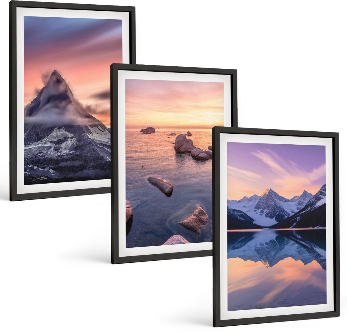 Coloray 3-Delige Schilderij Set - Landschappen, Bergen, Meren En Zonsondergang - 40 x 60 cm - Stijlvolle Wanddecoratie - Interieur - Interieur Decoratie