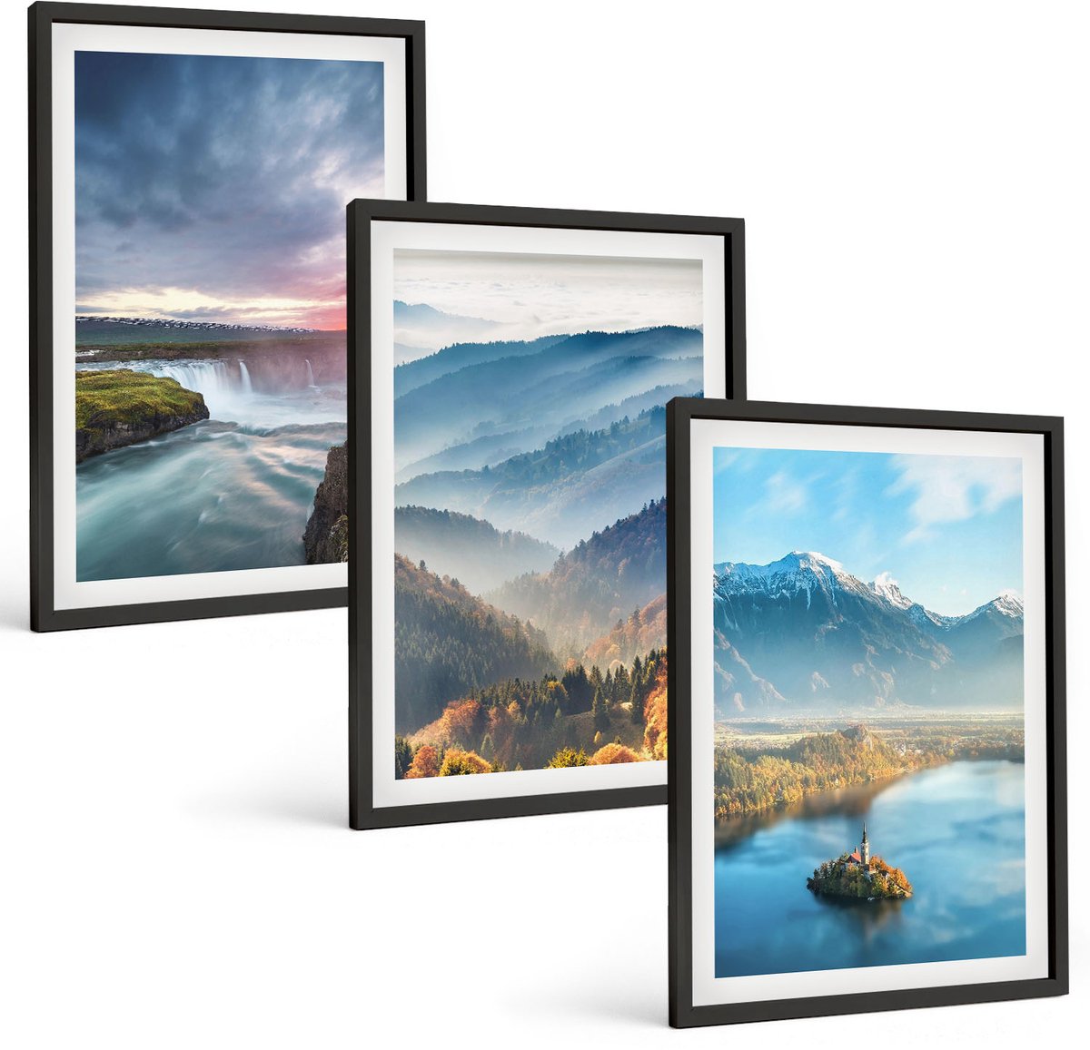 Coloray 3-Delige Schilderij Set - Schilderachtige Berglandschappen En Watervallen In De Natuur. - 40 x 60 cm - Wanddecoratie - Muurdecoratie - Moderne Interieurdecoratie - Moderne Wanddecoratie